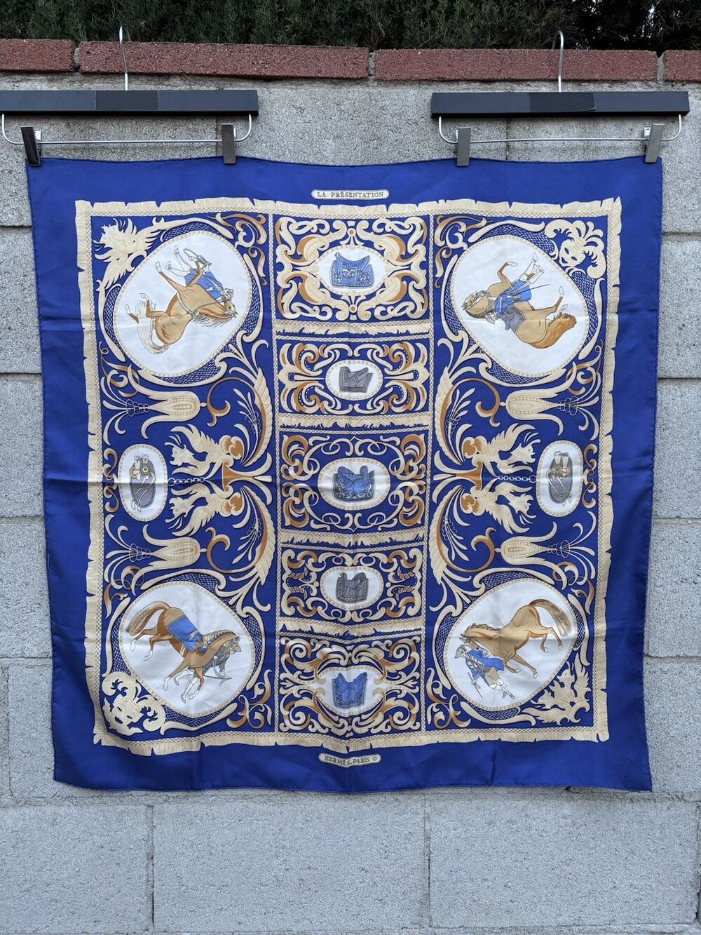 HERMES Carre 90 La Presentation 100% Silk Scarf Blue